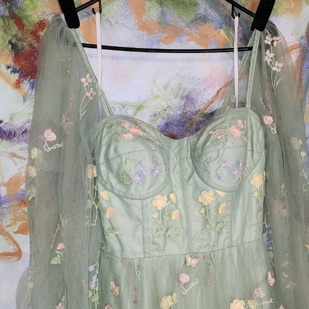 Elegant Floral Fairy Princess Corset Lng Sleeve Maxi Dress in Green Pink Floral - Picture 3 of 14